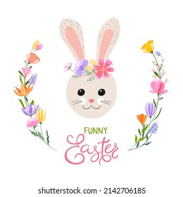 Tarjeta de saludo de Pascua. Una corona de flores de primavera y hierbas con huevos de Pascua brillantes y un lindo conejito. Pascua divertida de la inscripción.