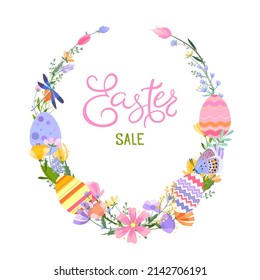 Easter spring greeting card. A wreath of spring flowers and herbs with bright Easter eggs, a dragonfly and a butterfly. Inscription Easter Sale.