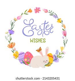Tarjeta de saludo de Pascua. Una corona de flores de primavera y hierbas con huevos de Pascua brillantes y un lindo conejito. Deseos de Pascua de Inscripción.
