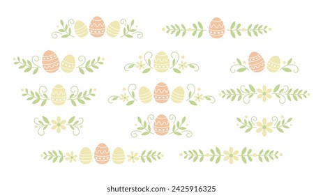 Cabecera de primavera de Pascua. Colección integral de patrones de huevos, bordes ornamentales y separadores decorativos para diseños de banners. Ilustración de vector