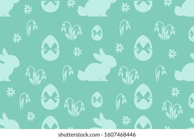 Easter spring holiday background with bunnies ,eggs and snowdrops. Vector pattern