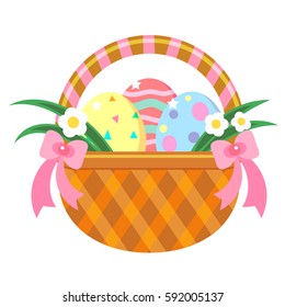 Easter. Spring holiday. Basket of colored egg. Greeting card