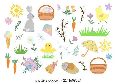 Easter spring holiday elements vector illustration, cute animals, floral decor, clipart for greeting card, poster, any design for spring holidays celebration decor