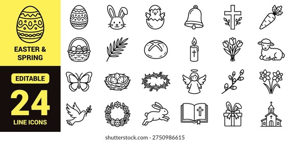 Easter and spring icon set with eggs, bunnies, flowers, crosses, worship symbols, seasonal decor, and essential Easter ranking elements illustrated in a clean modern line‑art vector style