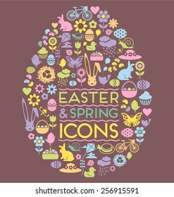 Easter and spring icons within an egg shape