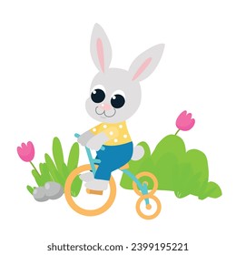 Easter spring illustration of a cute bunny on a bicycle. Easter bunny in cartoon style isolated on white background for greeting cards. 