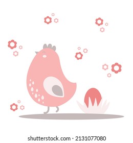 Los niños de la primavera de Pascua imprimen. Pollo, huevos, hierbas, flor. Ilustración vectorial simple. Colores pasteles, rosa, gris, granja, Pascua, primavera. Para tela, fondo, cubierta, papel