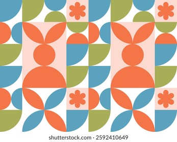 Easter spring pattern in a bauhaus style. Seamless pattern with Easter elements, bunny and eggs. Design for wrapping paper, cards and posters.