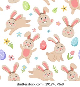 Easter spring pattern with cute bunnies, eggs, birds, bees, butterflies. Hand drawn flat cartoon elements. Vector illustration
