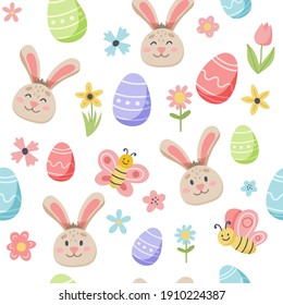 Easter spring pattern with cute bunny and decorated eggs. Hand drawn flat cartoon elements. Vector illustration