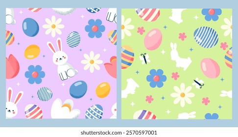 Easter spring pattern with eggs. Cute cartoon style, vector seamless background. Pattern with bunny, eggs, flowers, Perfect for holiday invitations, lettering, paper crafts and gift  wrapping.