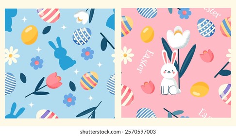 Easter spring pattern with eggs. Cute cartoon style, vector seamless background. Pattern with bunny, eggs, flowers, Perfect for holiday invitations, lettering, paper crafts and gift  wrapping.