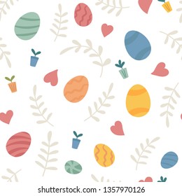 Easter spring pattern with eggs, hearts, potted plants and offsprings. Cute cartoon style, Scandinavian hygge mood. Bright flat shapes. Vector seamless background.