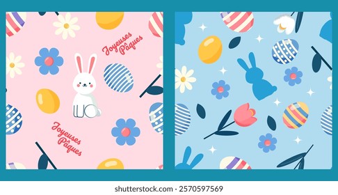 Easter spring pattern with eggs,in French.Cute cartoon style, vector seamless background.Pattern with bunny, eggs, flowers, Perfect for holiday invitations, lettering, paper crafts and gift wrapping.