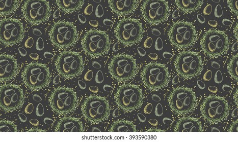 Easter spring pattern with the image of bird's nests and eggs.Drawn by hand.