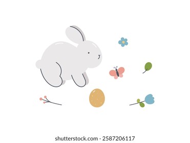 Easter spring print with cute bunny, flowers, eggs, butterfly. For fabric, wrapping, cards, textile, wallpaper, apparel. Isolated vector illustration in flat cartoon style on white background.