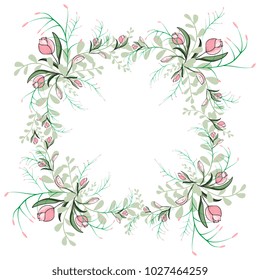 Easter and spring round wreath with pink tulips and herbs.  White background. Template for spring greeting cards
