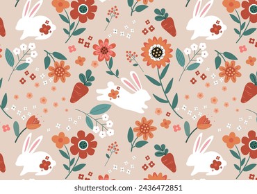 Easter, Spring seamless background. Clip art, retro style.Colorful floral illustration with rabbit. Happy easter greeting card with decorative easter bunny.