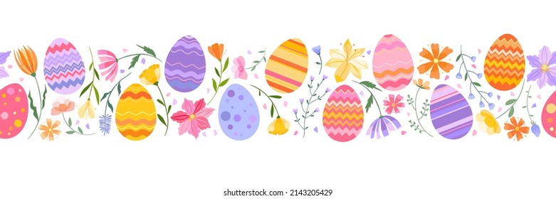 Easter spring seamless border. Bright colorful Easter eggs and spring flowers and herbs.