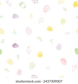 Patrón de vector suave sin fisuras de primavera de Pascua con flores, conejos y huevos de Pascua sobre fondo blanco. Decoración de vacaciones de Pascua para el sitio web, paquete, diseño de tarjeta de felicitación
