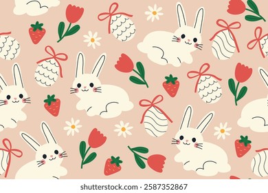 easter, spring seamless pattern with bunnies, strawberries, eggs and flowers; great for wrapping, greeting cards, social media graphics- vector illustration