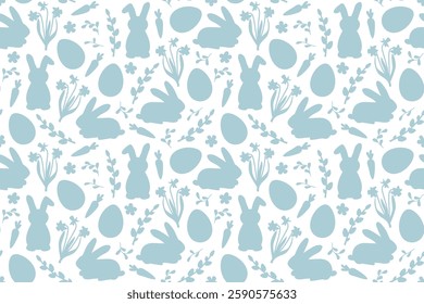 easter, spring seamless pattern with bunnies, easter eggs, daisy flowers, carrots, daffodils and pussy willows; great for wrapping, greeting cards, social media graphics- vector illustration