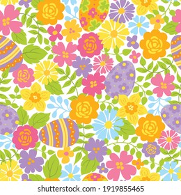 Easter and spring seamless pattern with colorful flowers and eggs. Vector illustration.