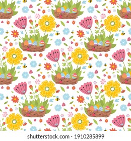 Easter spring seamless pattern with cute animals, birds, bees, butterflies. Hand drawn flat cartoon elements. Vector illustration of spring holidays snowdrops decoration.