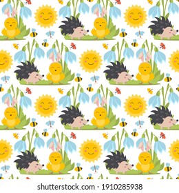 Easter spring seamless pattern with cute animals, birds, bees, butterflies. Hand drawn flat cartoon elements. Vector illustration of spring holidays snowdrops decoration.