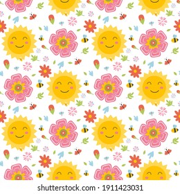 Easter spring seamless pattern with cute animals, birds, bees, butterflies. Hand drawn flat cartoon elements. Vector illustration of spring holidays snowdrops decoration.