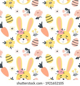 Easter spring seamless pattern with cute bunny, eggs and flowers. Hand drawn flat cartoon elements. Vector illustration.