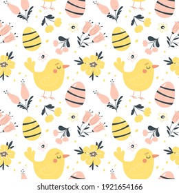 Easter spring seamless pattern with cute birds, eggs and flowers. Hand drawn flat cartoon elements. Vector illustration.