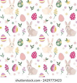 Easter spring seamless pattern with cute rabbit, eggs, flowers.