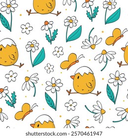 Easter and Spring seamless pattern with cute doodles of camomile flowers and chicks for nursery textile prints, baby prints, wallpaper, backgrounds, bedding, wrapping paper, scrapbooking, etc. EPS 10 