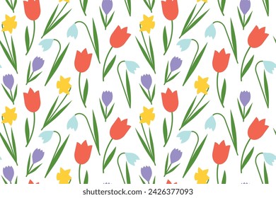 easter, spring seamless pattern with tulip, crocus, snowdrops and daffodil flowers- vector illustration