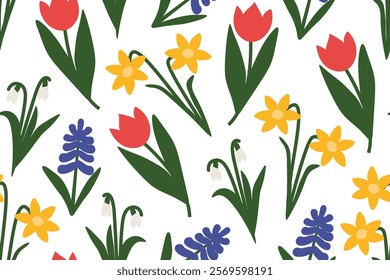 easter, spring seamless pattern with tulip, hyacinth, snowdrops and daffodil flowers- vector illustration