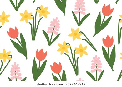 easter, spring seamless pattern with tulip, hyacinth and daffodil flowers- vector illustration