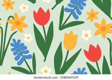 easter, spring seamless pattern with tulip, hyacinth, daisy and daffodil flowers- vector illustration