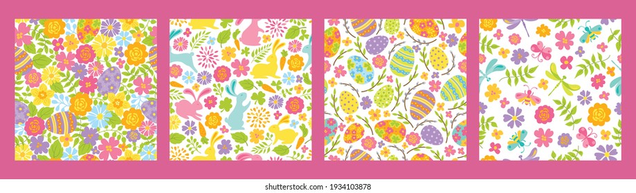 Easter and Spring seamless patterns set with cute colorful rabbits, floral elements, eggs, insects on white background . Vector illustration.