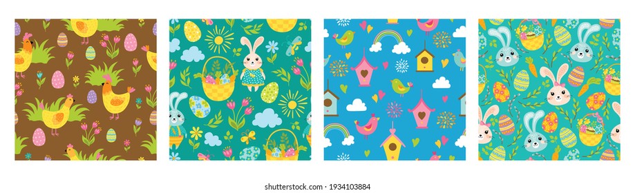 Easter and Spring seamless patterns set with cute rabbits, chickens, birds, floral elements and eggs. Vector illustration.