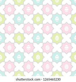 Easter, spring seamless repeat vector pattern with flat style simple painted eggs. Regular mosaic, tile colorful texture, ornamental background with polygon shapes. Soft, pastel colors.