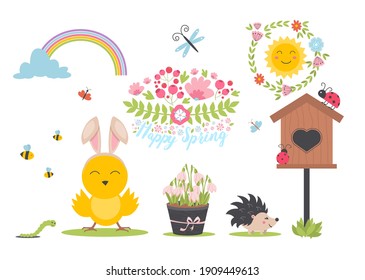 Easter spring set with cute animals, birds, bees, butterflies. Hand drawn flat cartoon elements. Vector illustration of spring holidays snowdrops decoration.