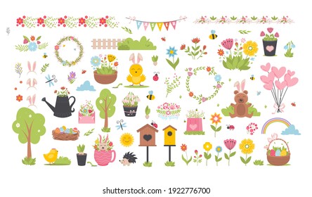 Primavera de Pascua con animales lindos, pájaros, abejas, mariposas. Dibujaron a mano elementos planos de caricatura. Ilustración vectorial de las vacaciones de primavera nevan la decoración. Festival de la naturaleza de los árboles de primavera.