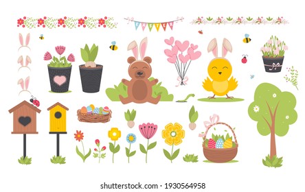 Easter spring set with cute animals, birds, bees, butterflies. Hand drawn flat cartoon elements. Vector illustration of spring holidays snowdrops decoration. Spring trees nature festival.