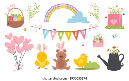 Easter spring set with cute animals, birds, bees, butterflies. Hand drawn flat cartoon elements. Vector illustration of spring holidays snowdrops decoration. Spring trees nature festival.