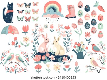 Easter spring set with cute birds, eggs, butterflies, bunnies. Hand drawn vector spring elements.