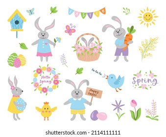 Easter spring set with cute bunnies, birds, butterflies, flowers, plants, eggs and other drawings. Easter decoration design elements. Vector cartoon illustrations.