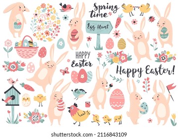 Easter and spring set with cute bunnies, chickens, and easter eggs. 