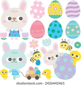 Easter and spring set with cute bunnies chickens and easter eggs vector illustration