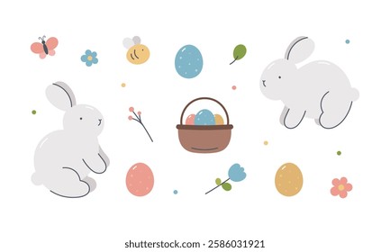 Easter spring set with cute bunny, flowers, bee, eggs, butterfly. For fabric, wrapping, cards, textile, wallpaper, apparel. Isolated vector illustration in flat cartoon style on white background.